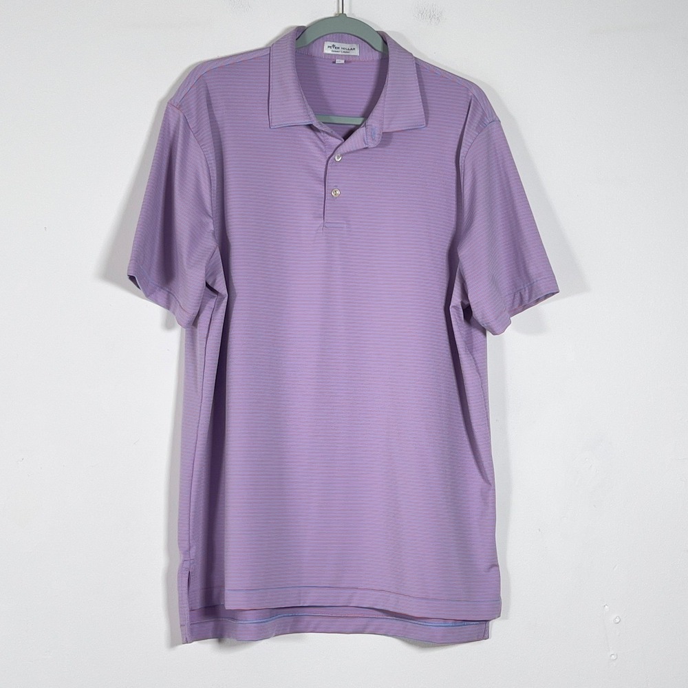 Peter Millar Summer Comfort Polo Shirt Mens L Purple Striped Golf Performance